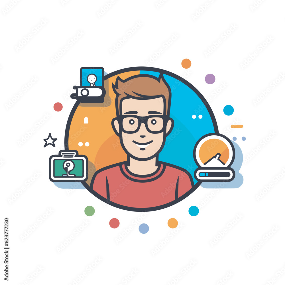 Poster vector of a flat vector icon of a man with glasses and a camera in front of him