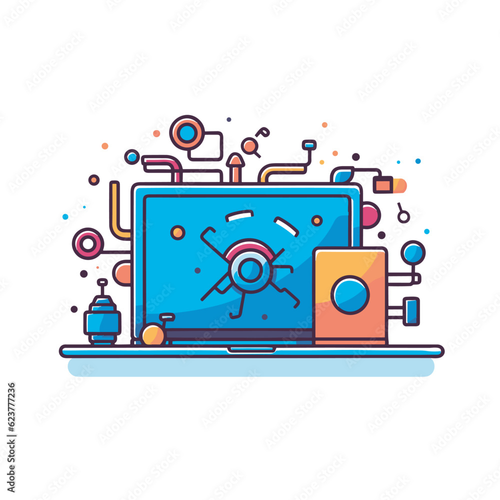 Poster vector of a laptop with a clock on the screen in a flat icon style