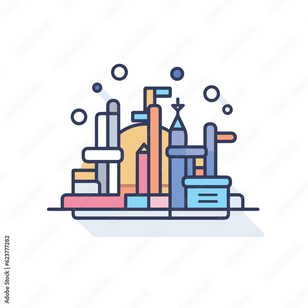 Poster vector of a flat icon vector of a cityscape with various buildings and structures