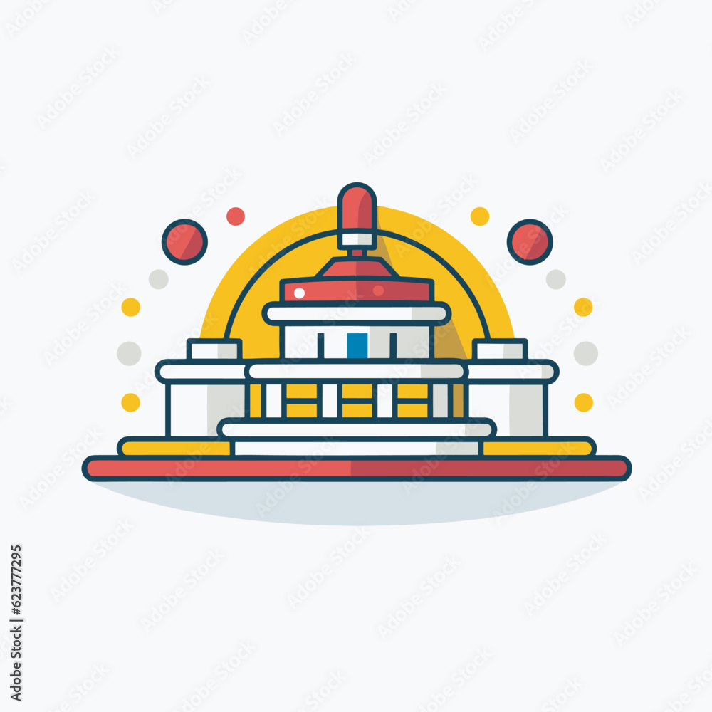 Poster vector of a flat vector icon of a white and red building with a yellow circle around it