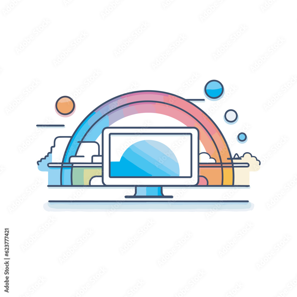 Poster vector of a computer screen with a rainbow background in a flat icon style