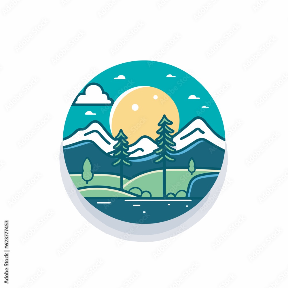 Aufkleber vector of a flat icon vector of a scenic landscape with a circle shape, featuring trees and mountain