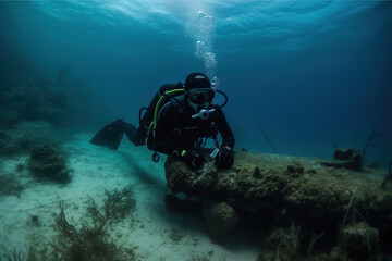Naklejka na ściany i meble scuba diver explores the seabed
