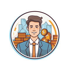 Fototapeta na wymiar Vector of a businessman holding a coin in a flat style illustration