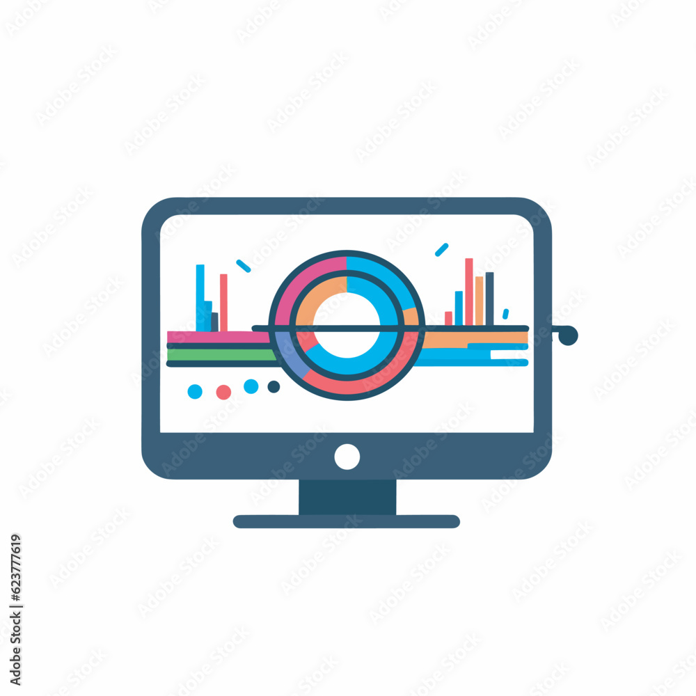 Poster vector of a computer monitor displaying graphs and data in a flat icon style