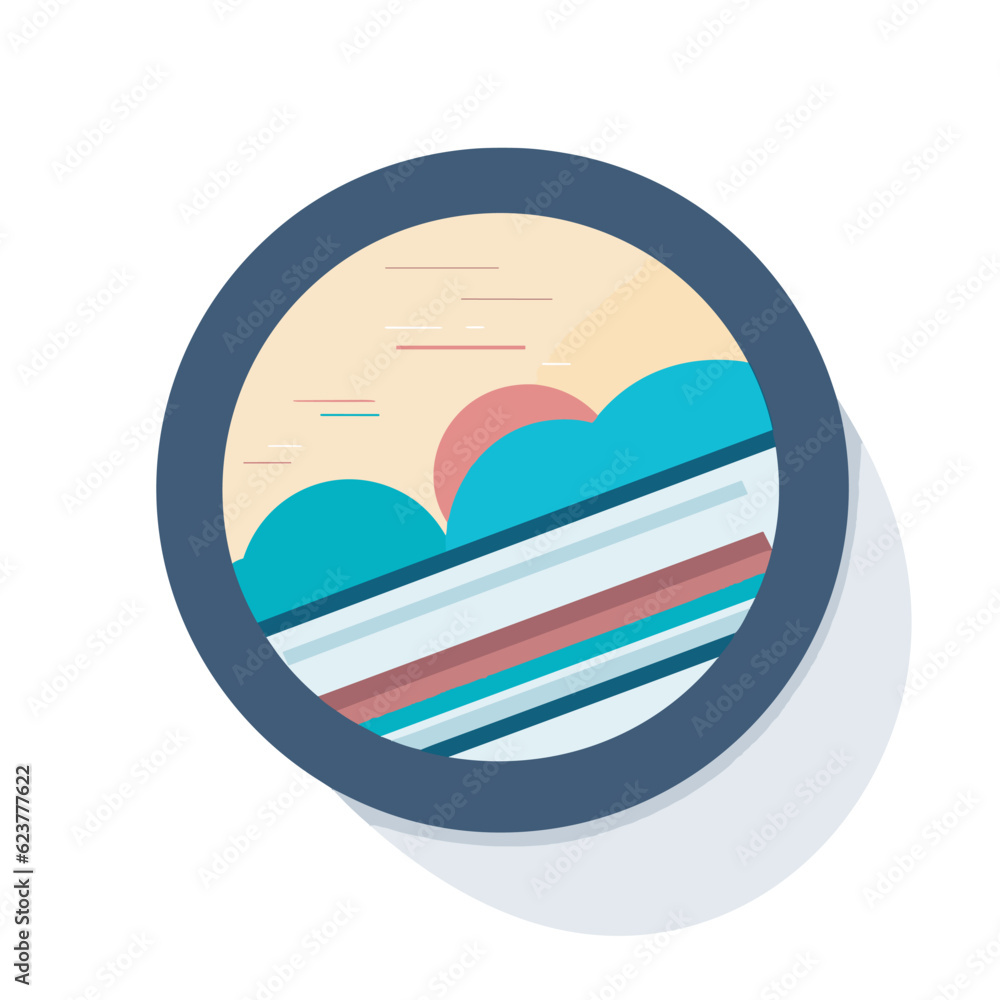 Poster vector of a flat icon of a circular object with a sky and clouds in the background