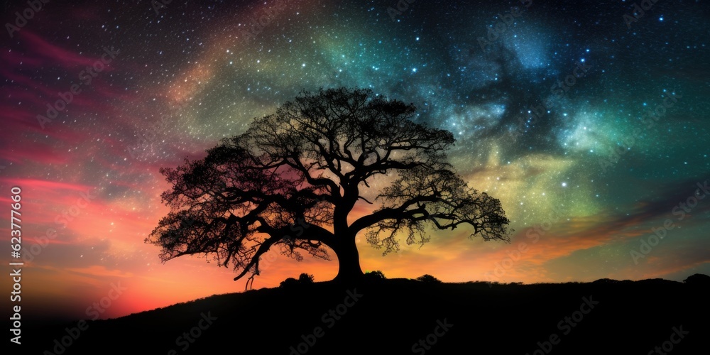 Poster tree silhouette on a hill with colorful swirling galaxy in the sky. generative ai aig27.