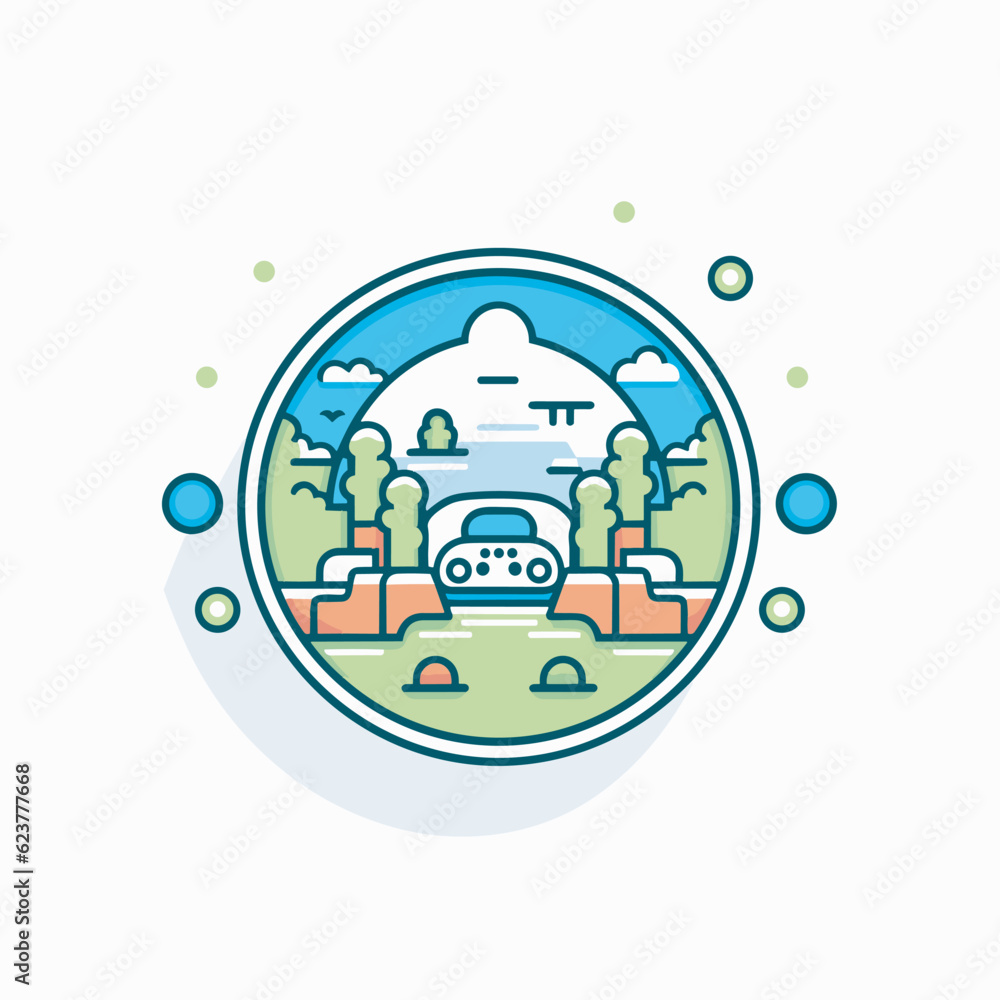 Aufkleber Vector of a flat vector icon of a car with trees and clouds in the background
