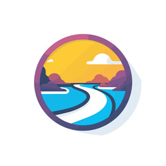 Vector of a flat icon representing a river with a sunset in the background