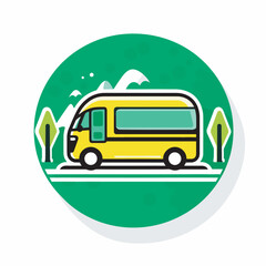 Vector of a yellow bus driving down a road next to a forest