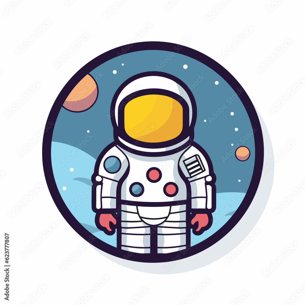 Poster vector of an astronaut standing in front of a planet in a flat icon style
