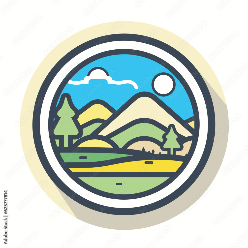 Poster vector of a flat icon vector of a circle with trees and mountains in the background