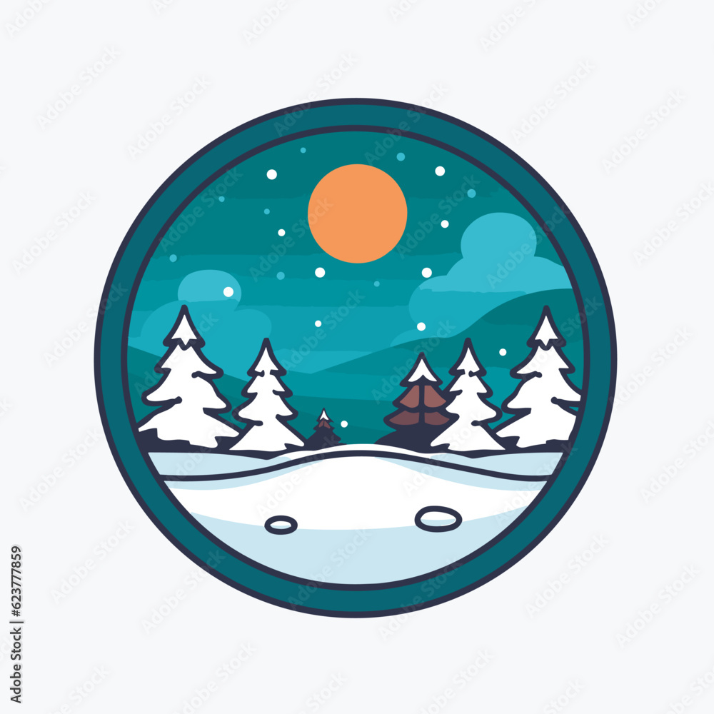 Aufkleber vector of a flat icon vector of a snowy landscape with trees and a sun in the background