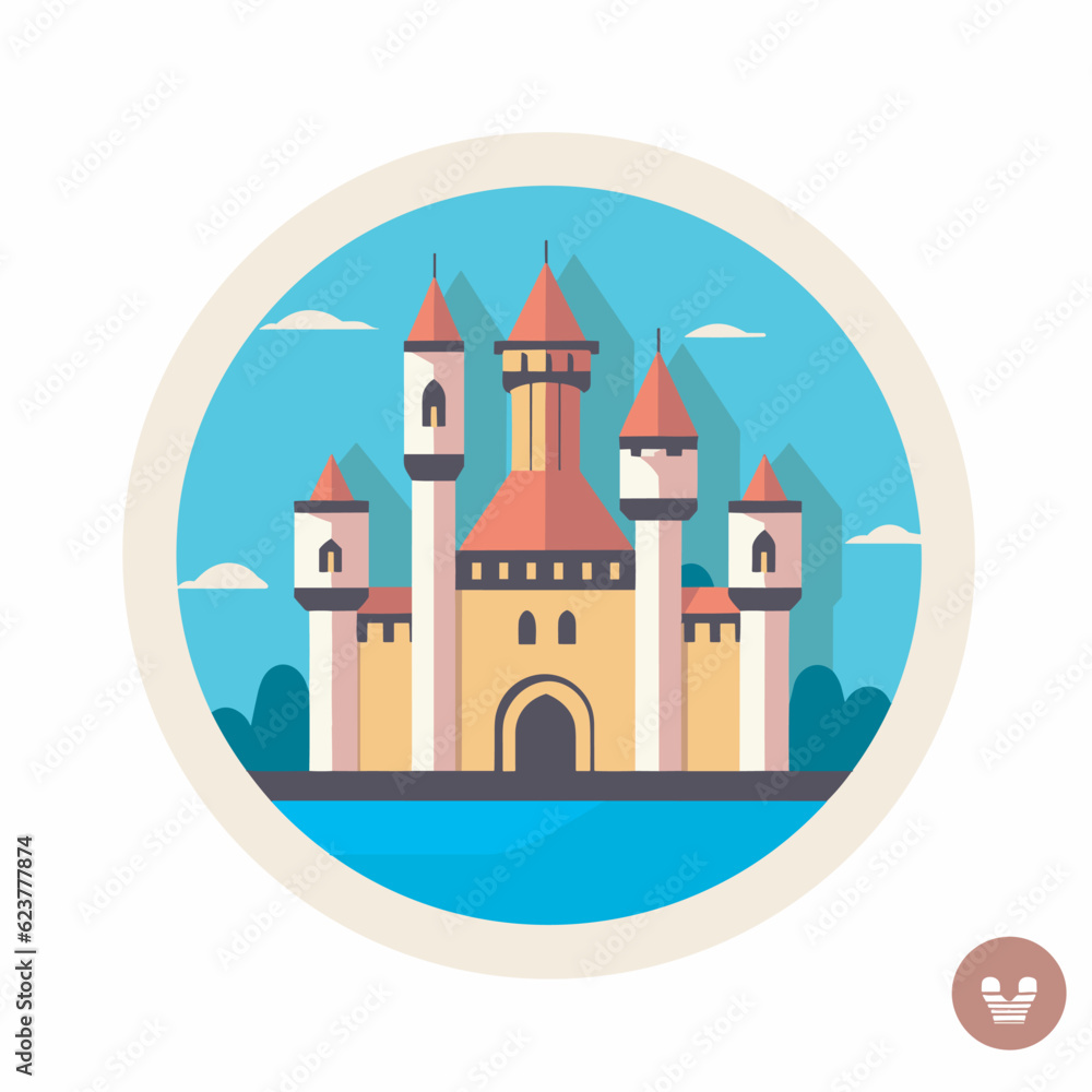 Poster vector of a flat icon of a castle surrounded by a circular frame against a sky background