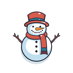 Vector of a snowman wearing a red hat and scarf in a flat icon style