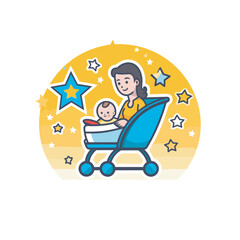 Fototapeta na wymiar Vector of a woman pushing a stroller with a baby inside
