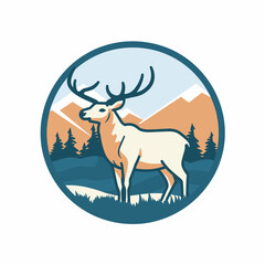 Vector of a deer standing in a field with mountains in the background
