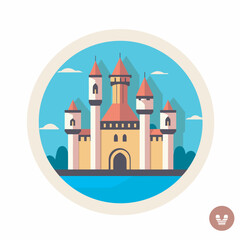 Vector of a flat icon of a castle surrounded by a circular frame against a sky background