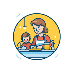 Fototapeta premium Vector of a woman and child cooking together in a flat icon style