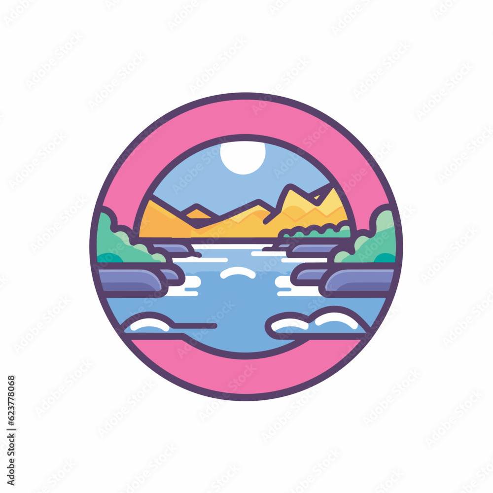 Poster vector of a colorful landscape with mountains and a river inside a circular shape