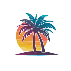 Vector of a flat icon vector of a palm tree with a beautiful sunset in the background