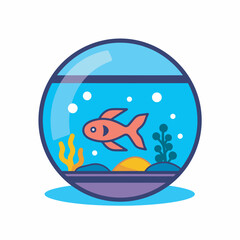 Vector of an aquarium with a fish, algae, and rocks in a flat and minimalist style