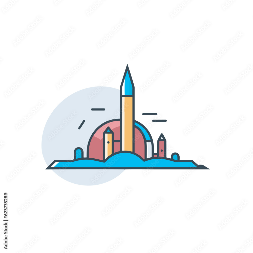 Aufkleber vector of a flat icon vector of a building with a rocket on top