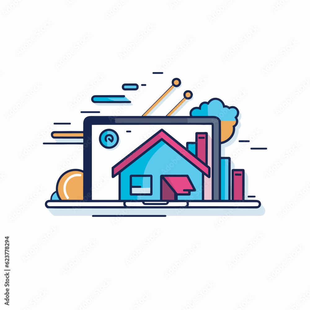 Poster vector of a flat icon of a house on a computer screen