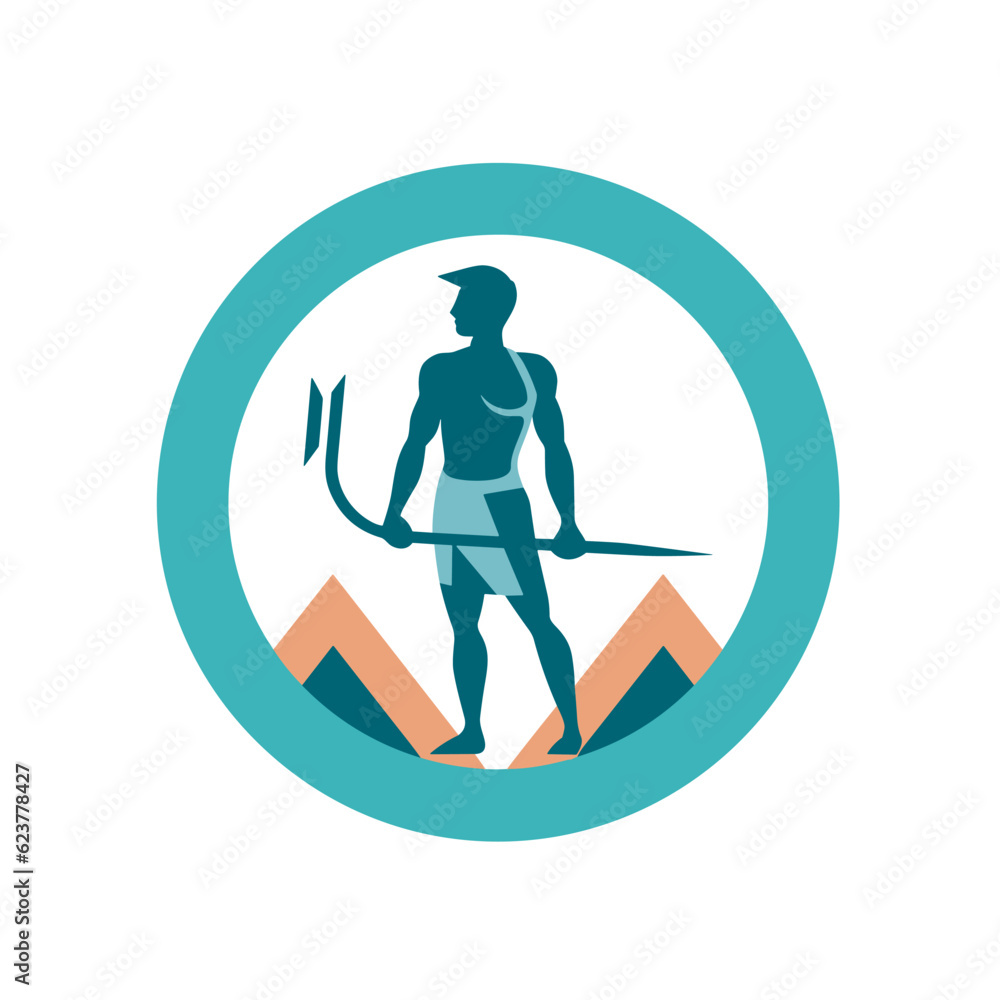 Aufkleber vector of a flat icon vector of a man holding a sword in a circle with mountains in the background