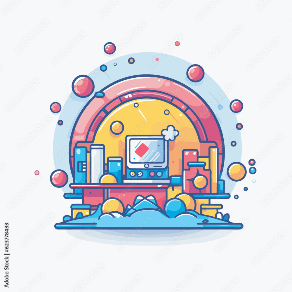 Poster vector of a computer monitor on a desk with flat design style