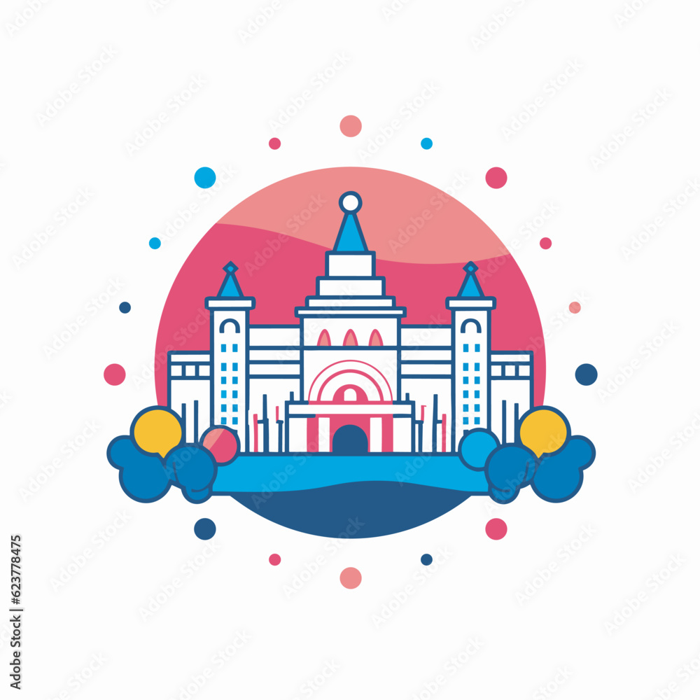 Poster vector of a flat icon of a white building with a red and blue circle around it