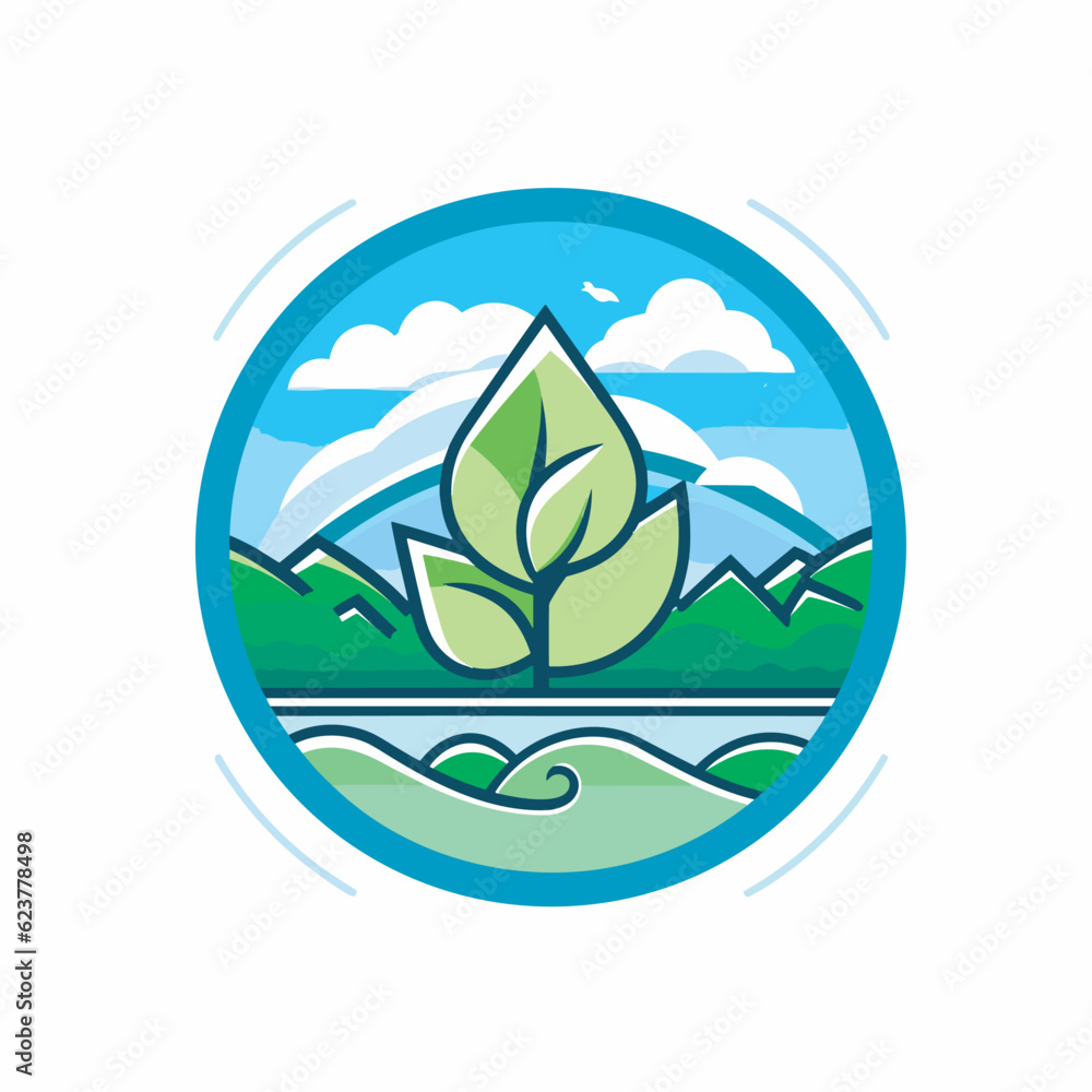 Aufkleber vector of a flat icon of a green leaf in a circle with mountains in the background