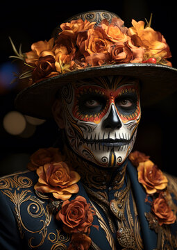 man dressed and masked to celebrate day of the dead . dia de los muertos . Generative AI