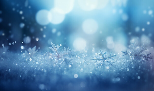 Magical winter background with snow,snowflakes and soft bokeh lights on blue sky,cold backdrop for Christmas. Snowy still life at frosty weather time blurred magical background