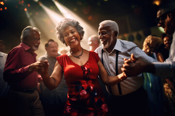 Group of happy diverse elderly people dancing in club.