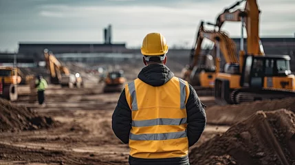 Foto op Plexiglas a men construction engineer wearing full ppe standing looking at construction site © Media Srock