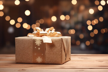 A gift box on table with beautiful bokeh festive and snow  background.