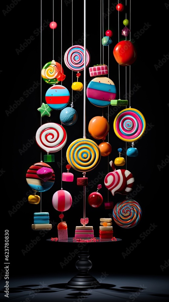 Poster a bunch of colorful candies hanging from strings. generative ai.