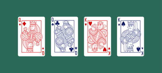 Queen and king cards. Casino games. Red heart and black spade flat pattern. Characters with diamonds. Graphic faces. Gambling leisure. Fortune royal pack. Vector design poker lucky set