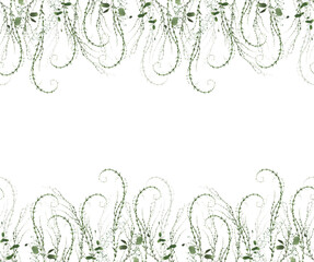 Watercolor painted greenery seamless frame. Green wild plants, branches, leaves and twigs. Isolated clipart.