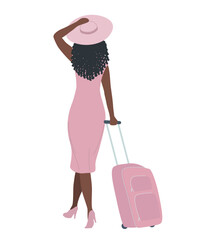 Travel concept. Cute black woman in a pink dress and hat with a pink suitcase in her hand. Back view. Vector illustration