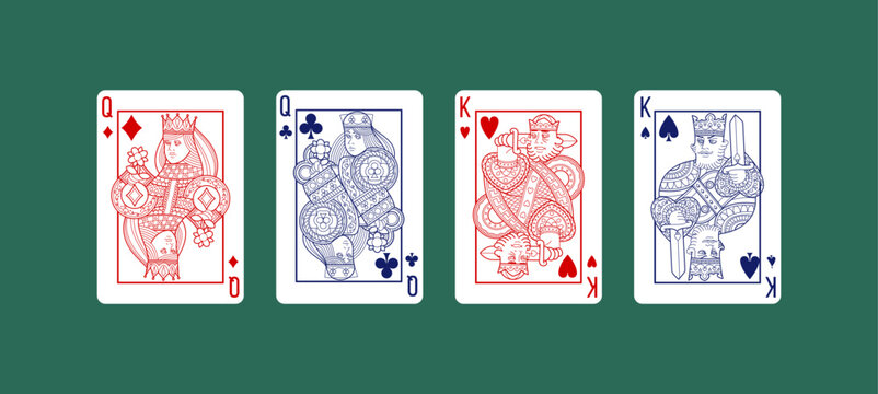 Queen and king cards. Casino games. Red heart and black spade flat pattern. Characters with diamonds. Graphic faces. Gambling leisure. Fortune royal pack. Vector design poker lucky set
