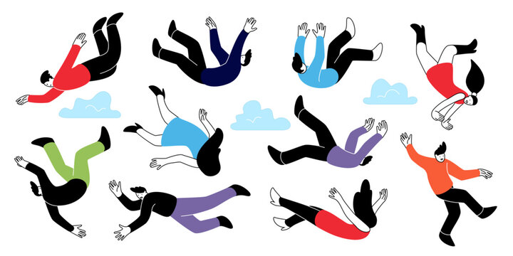 People fall. Girl and boy falling, person in air, characters action, young human silhouettes down, cartoon outline woman or man in sky hovering and soaring. Doodle drawing. Vector black design