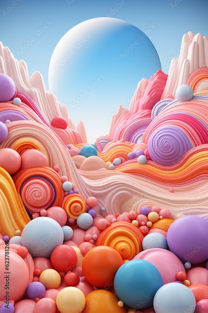 Poster a colorful landscape with many different colored balls. generative ai.