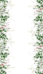 Watercolor greenery seamless frame. Green, pink and golden wild plants, branches, leaves and twigs. Isolated clipart.