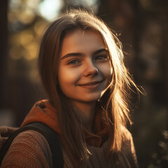 Fototapeta premium beautiful young adult woman standing outside with natural light, sun light smiling, copy space