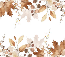 Watercolor seamless border. Orange and yellow autumn wild flowers, branches, maple leaves and twigs. Isolated clipart.