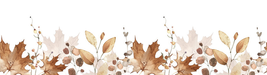 Watercolor seamless border. Orange and yellow autumn wild flowers, branches, maple leaves and twigs. Isolated clipart.