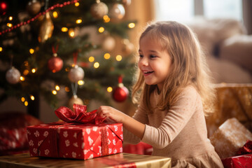 Obraz na płótnie Canvas A cute little girl celebrating Christmas opening gifts from santa