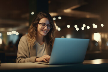 Young woman working with computer laptop on blur office  background.